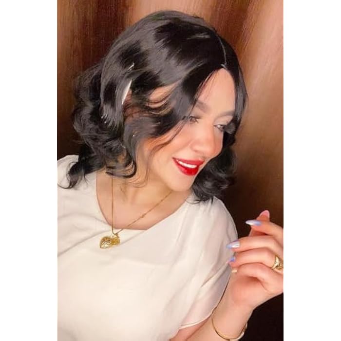 DILLARDS Glamour Wave Short Black Wavy Wig, Synthetic Heat-Resistant Fiber, Shoulder Length, Natural Looking Side Part Style, Cosplay and Daily Wear - Image 4